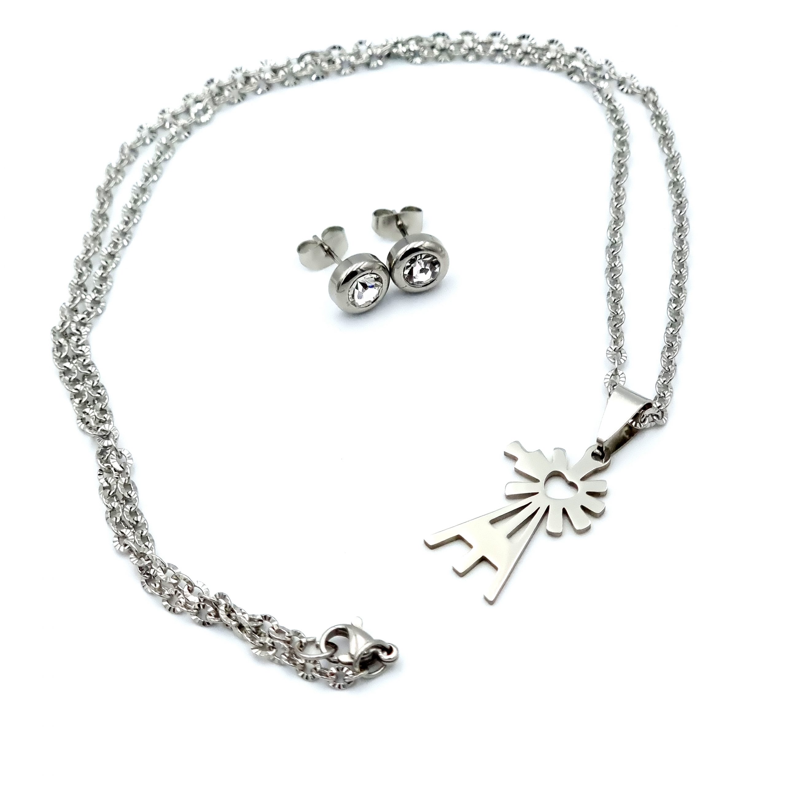 3mm Crinkle Cut Necklace with Windmill Pendant and Clear Crystal Studs